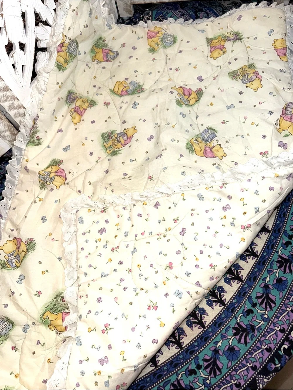 Disney Winnie the Pooh Cream Throw with Pastel Accents and Lace Trim